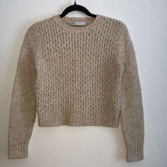 Zara Knit Womens Sweater Size Small Pearls Cropped Pullover - Picture 1 of 5